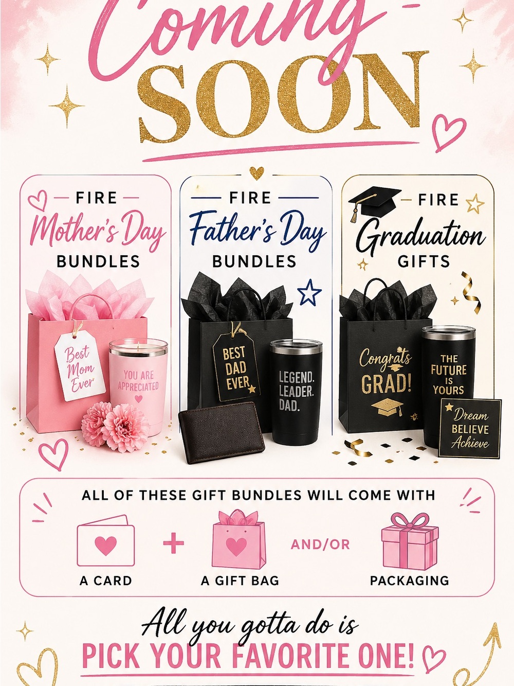 Coming Soon Gift Bundles - Mother's Day, Father's Day & Graduation - Pink, Black